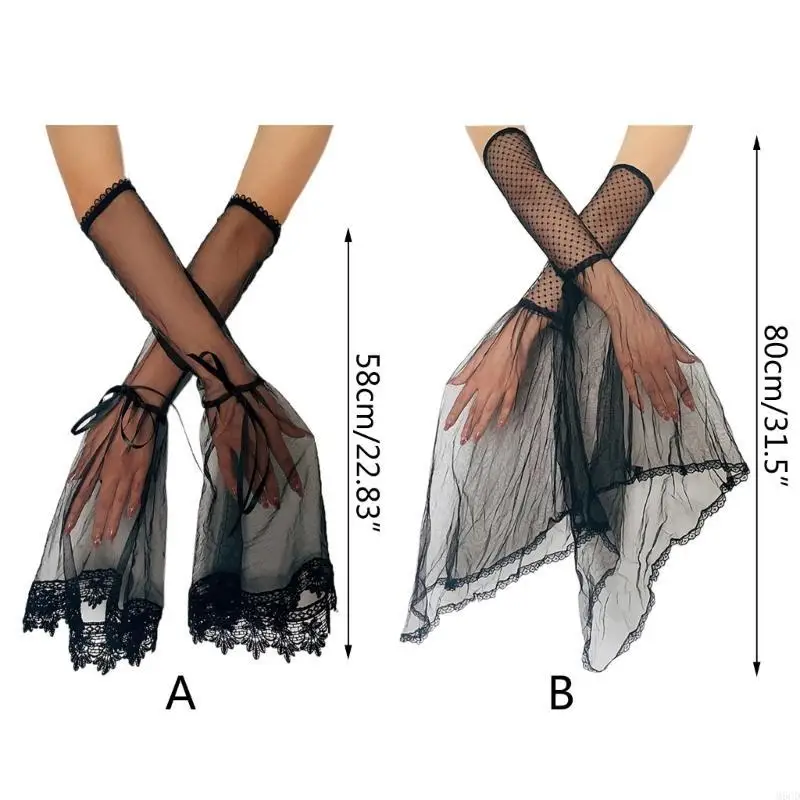 M6CD Zwarte Kanten Manchetmouwen voor Vrouwen Tieners Meisje Elegante Afneembare Strik Decoratieve Mouwen Halloween