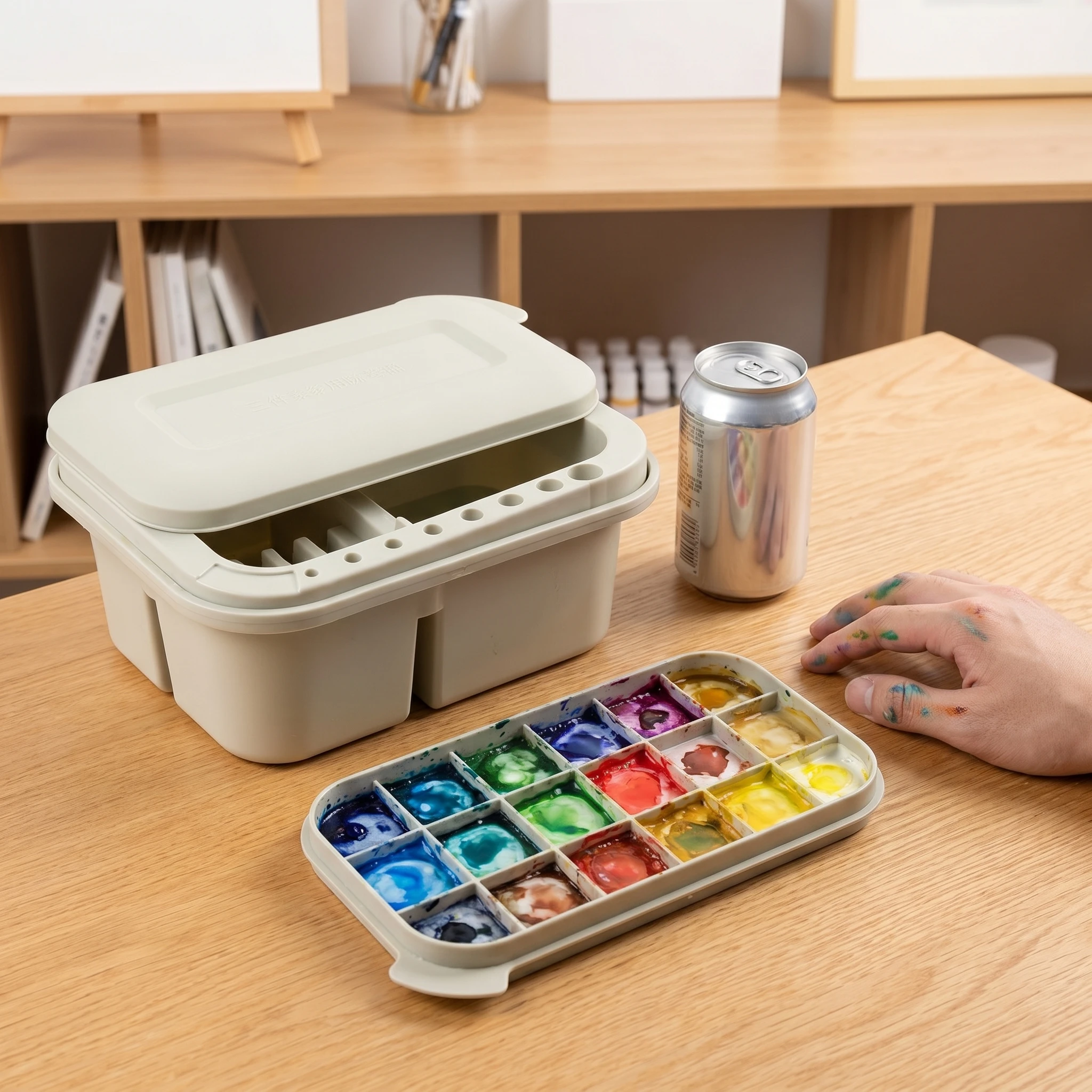 All-in-1 Paint Brush Cleaning System, Multi-Functional Washing Basin with Brush Holders & Palette Lid for Artists