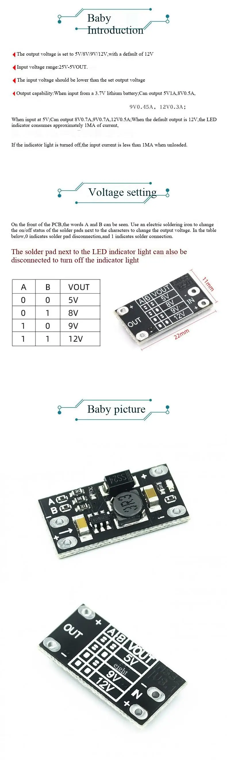 3,7V bis 12V Mini DC-DC Boost-Modul, Unterstützt 5V/8V/9V/12V Ausgänge, für Lithium-Batterie-Boost – Detail 2