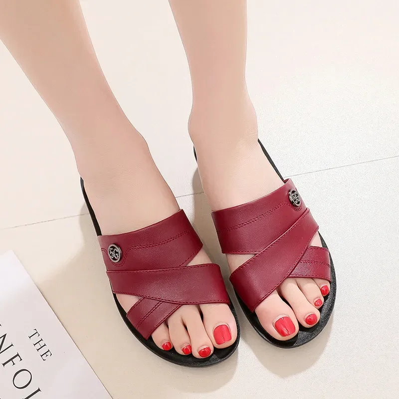 Women Summer Casual Slides Comfortable Slippers Flip Flops Platform Sandals Ladies Indoor Shoes Large Size Genuine Leather