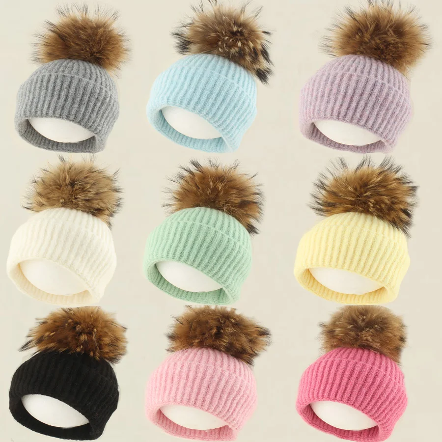 

Winter Wool Knitted Beanie Hat Children Real Raccoon Fur Ball Warm Hats Kids Boy Girl Baby Candy Color Outdoor Pompom Cap
