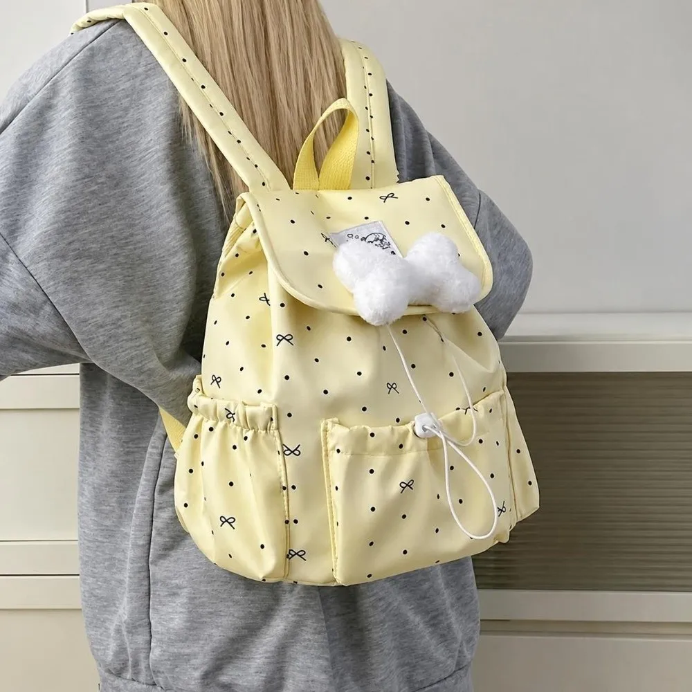 Sweet Drawstring Polka Dot Backpack Bowknot Ultra Light Double Shoulder Bag Large Capacity Nylon Commuting Backpack Casual Use