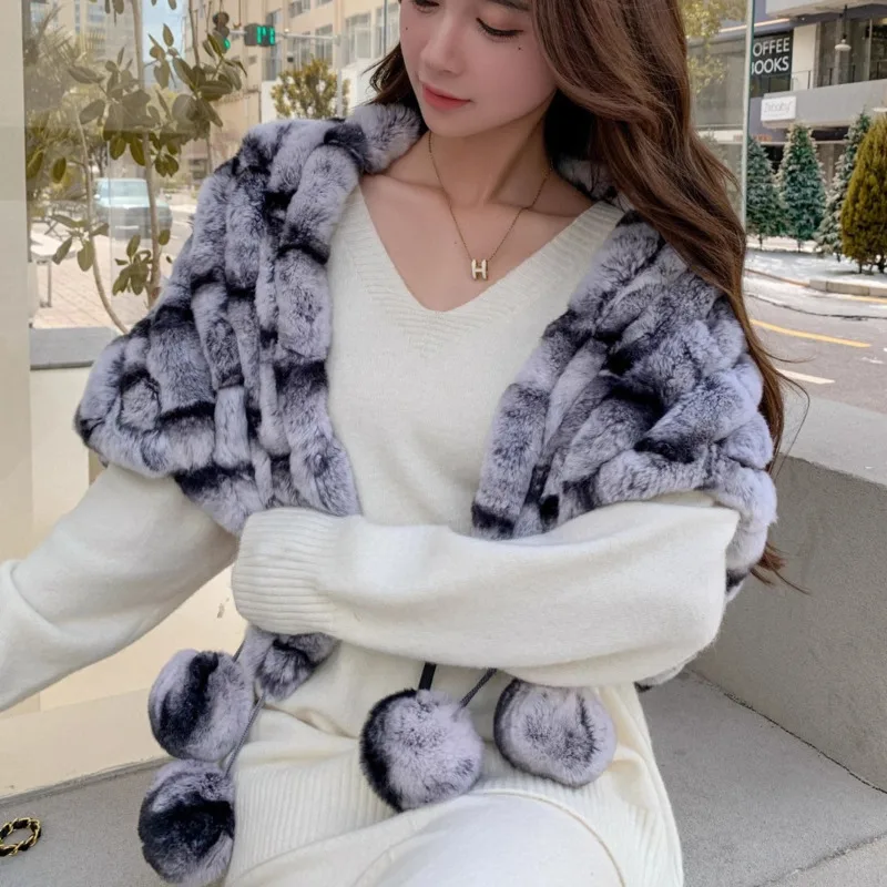 Real Rex Rabbit Fur Shawl Winter Women Real Fur Cloak Shawl Thickened Warm Neck Warmer Fur Scarves Luxury Hand Knitted Cape