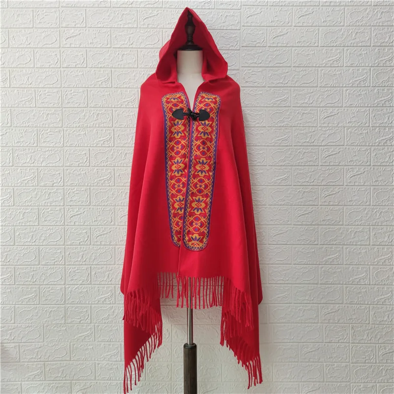 

Vintage Ethic Style Poncho cashmere Hooded Cape Classical Tassel Stole Femme Echarpes Winter Autumn Shawl and Wraps Mantilla