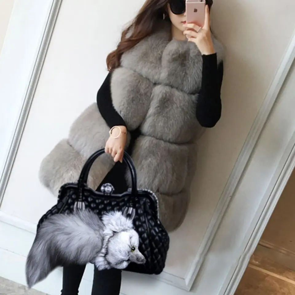 High-End Luxury Fox Fur Women\'S Bag New European American Fashion Diamond Imitation Leather Ladies Handbag Shoulder Bags Women