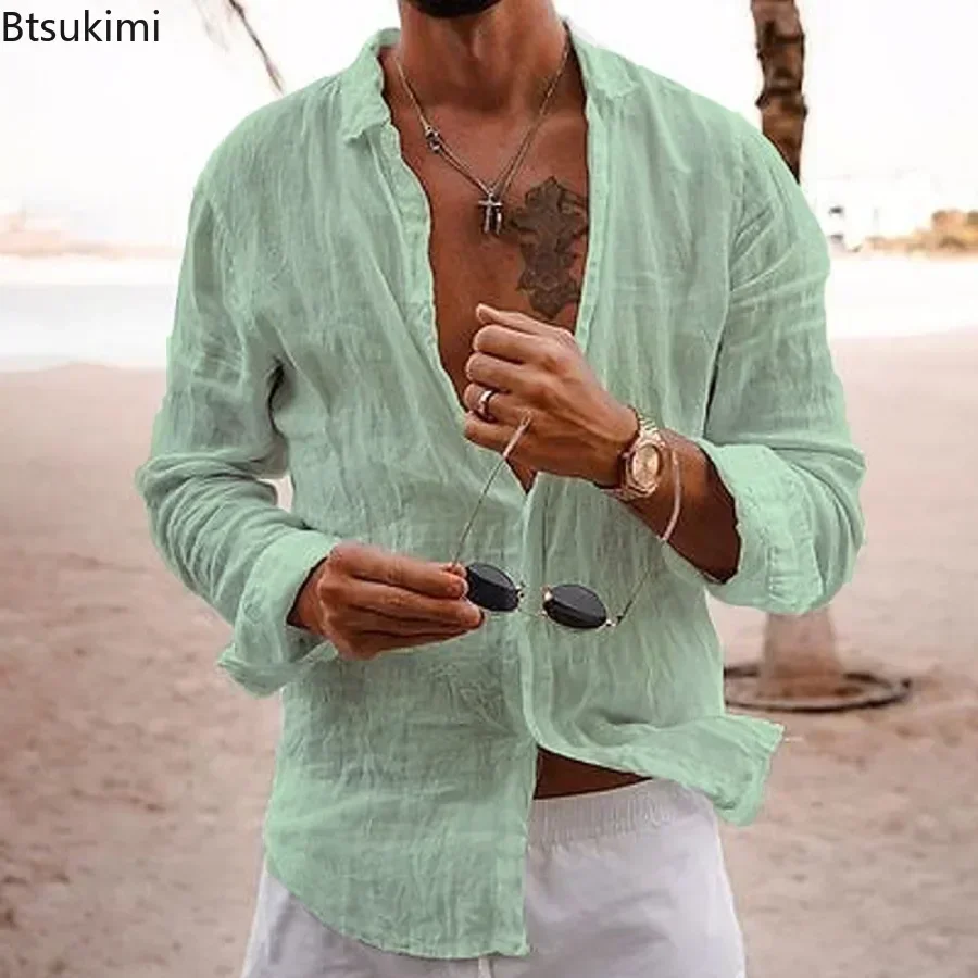 2024 Fashion Casual Style Men's Solid Color Loose Long Sleeved Shirt Breathable Cotton Linen Lapel Tops Men Holiday Beach Shirts