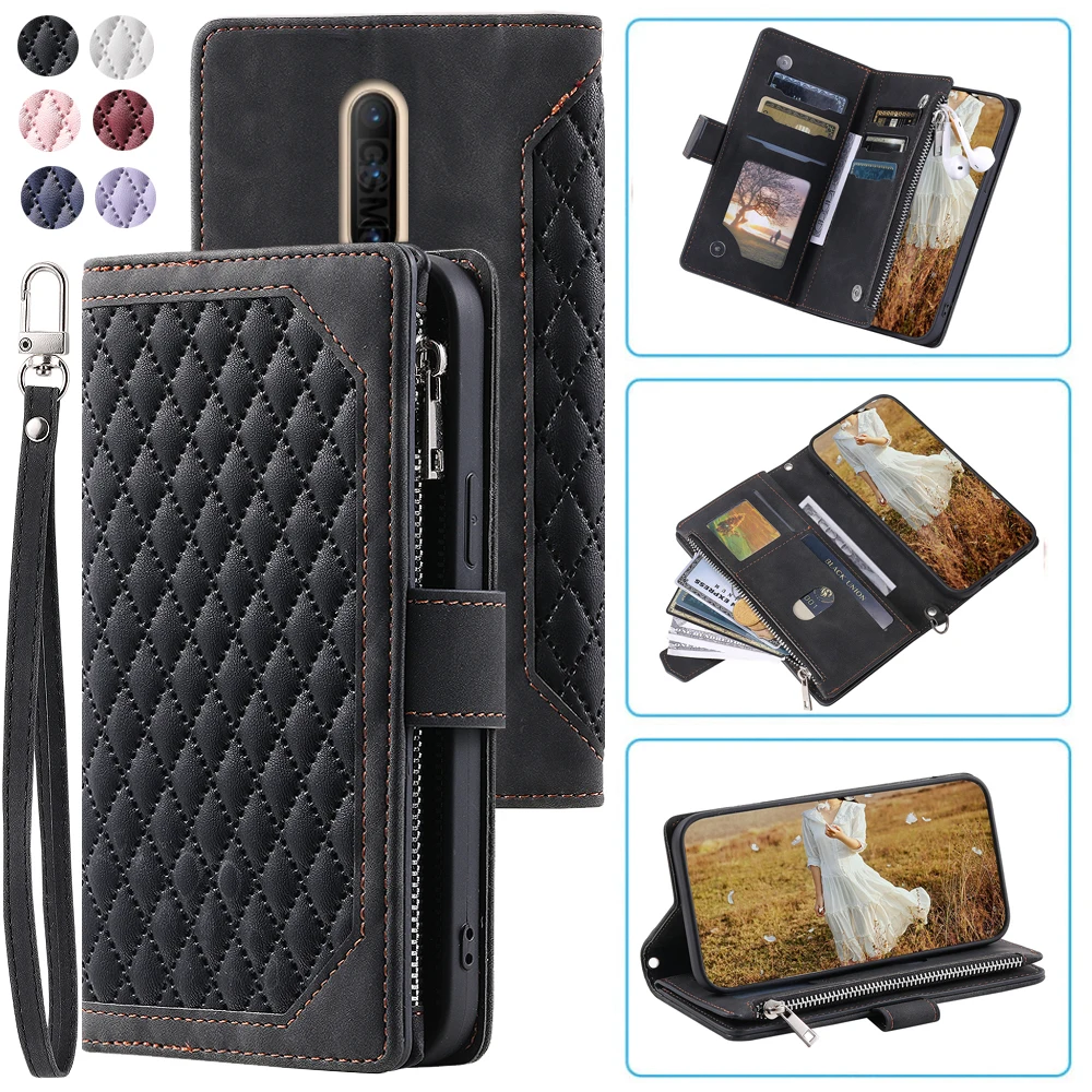 

Fashion Zipper Wallet Case For OnePlus 7 PRO Flip Cover Multi Card Slots Cover Phone Case Card Slot Folio with Wrist Strap