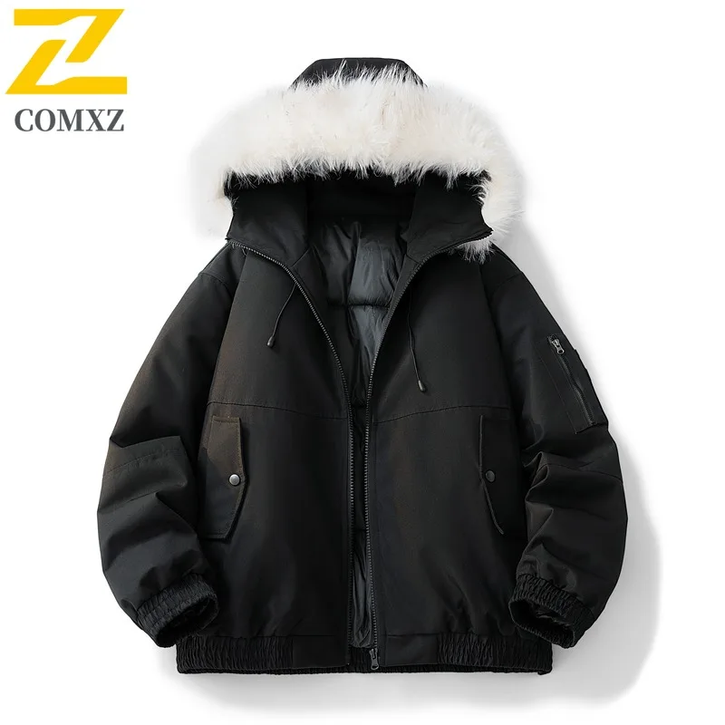 COMXZ وسيم مبطن سترة يندبروف في الهواء الطلق مقنعين الفراء طوق التخييم الكلاسيكية وسادة مبطنة بلون الرجال الخبز الستر