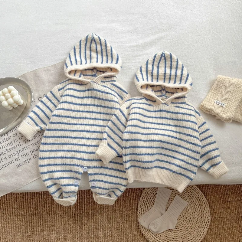 UNITIM 2026 Autumn Winter Infant Baby Boys Romper Newborn Warm Boys Knitted Striped Bodysuits Fleece 1-4Yrs Boys Hooded Sweater