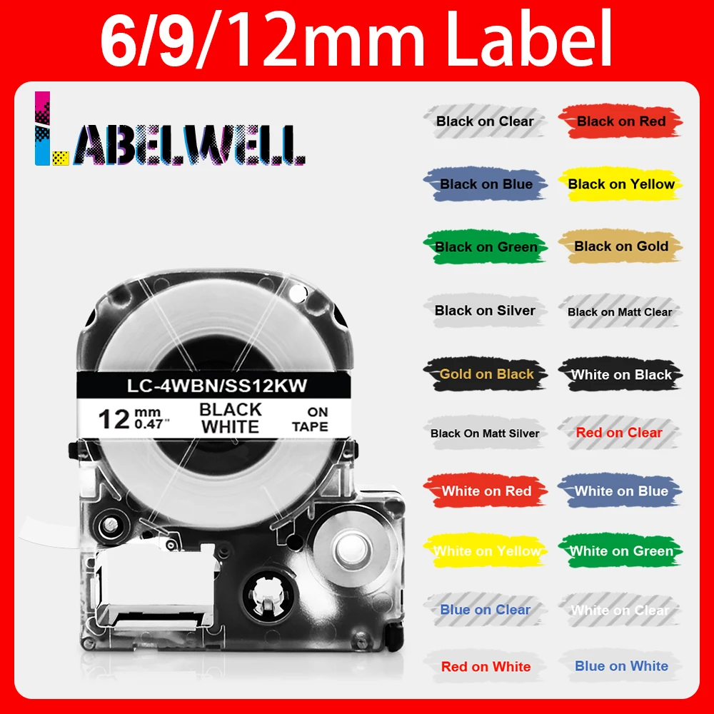 6/9/12mm Label SS12KW Compatible for Epson Kingjim SS12KW LC-4WBN C12YW SC12RW SD12KW SC12PW for Epson LW-300 400 Label Printer