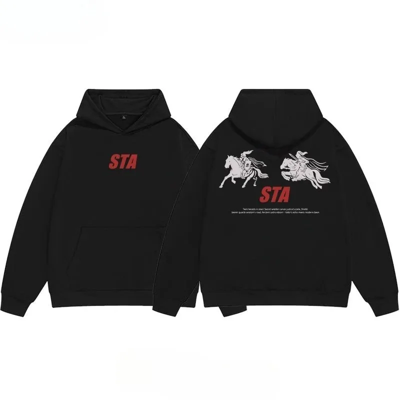 Sudadera con capucha para adultos con estampado de caballo de guerra Retro americano Otoño Invierno nuevos deportes diarios al aire libre calle pesada Casual Top suelto