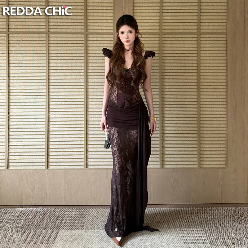 ReddaChic Women Top Bodycon Skirt Matching Set Retro Buttoned Lace V Neck Fly Sleeve Blouse Low Waist Maxi Skirt Hotties Clothes