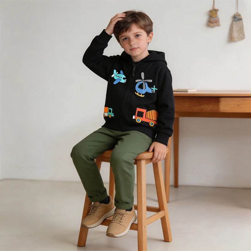 26 Autumn New Fashion Boys Hooded Cardigan Jacket Cartoon Airplane Print Small and Medium Toddler Zip-up Hoodie