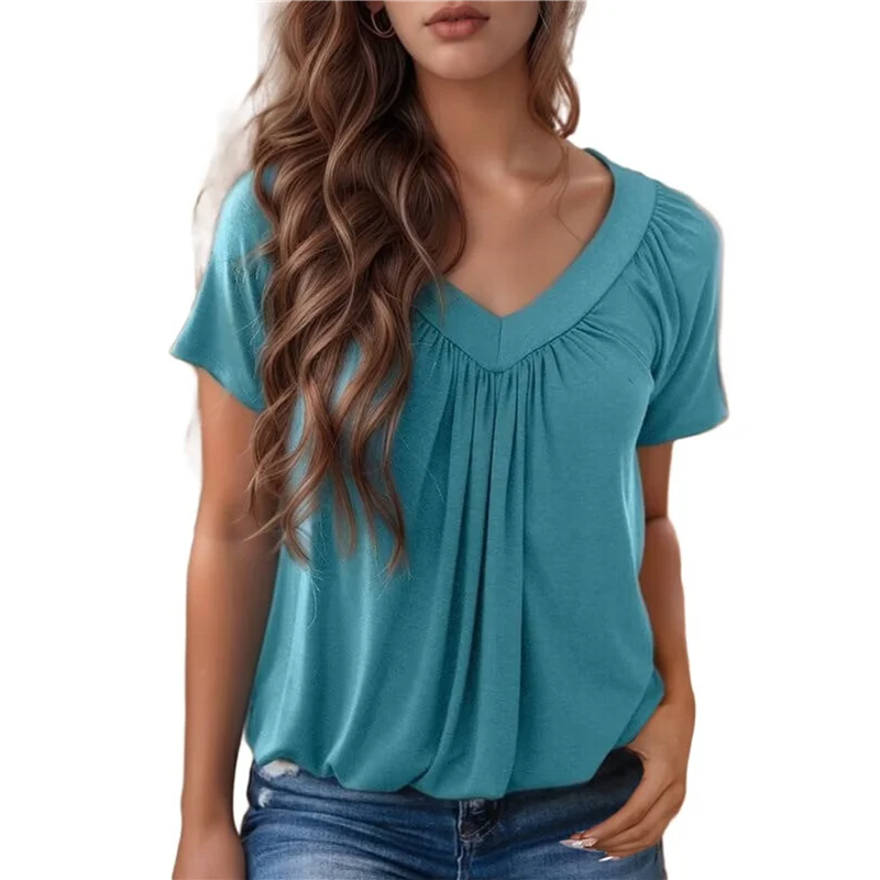 

Женские повседневные топы с коротким рукавом, нарядные футболки с v-образным вырезом, свободные летние плиссированные блузки
