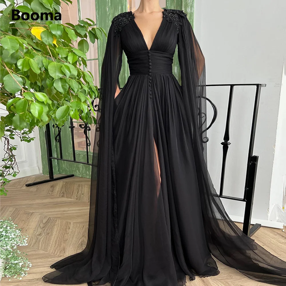 Booma Elegante Schwarz Tiefem V-ausschnitt Chiffon Prom Kleider Lange Cape Sleeves Perlen Appliques Hohe Slit A-Line Maxi Abendkleider