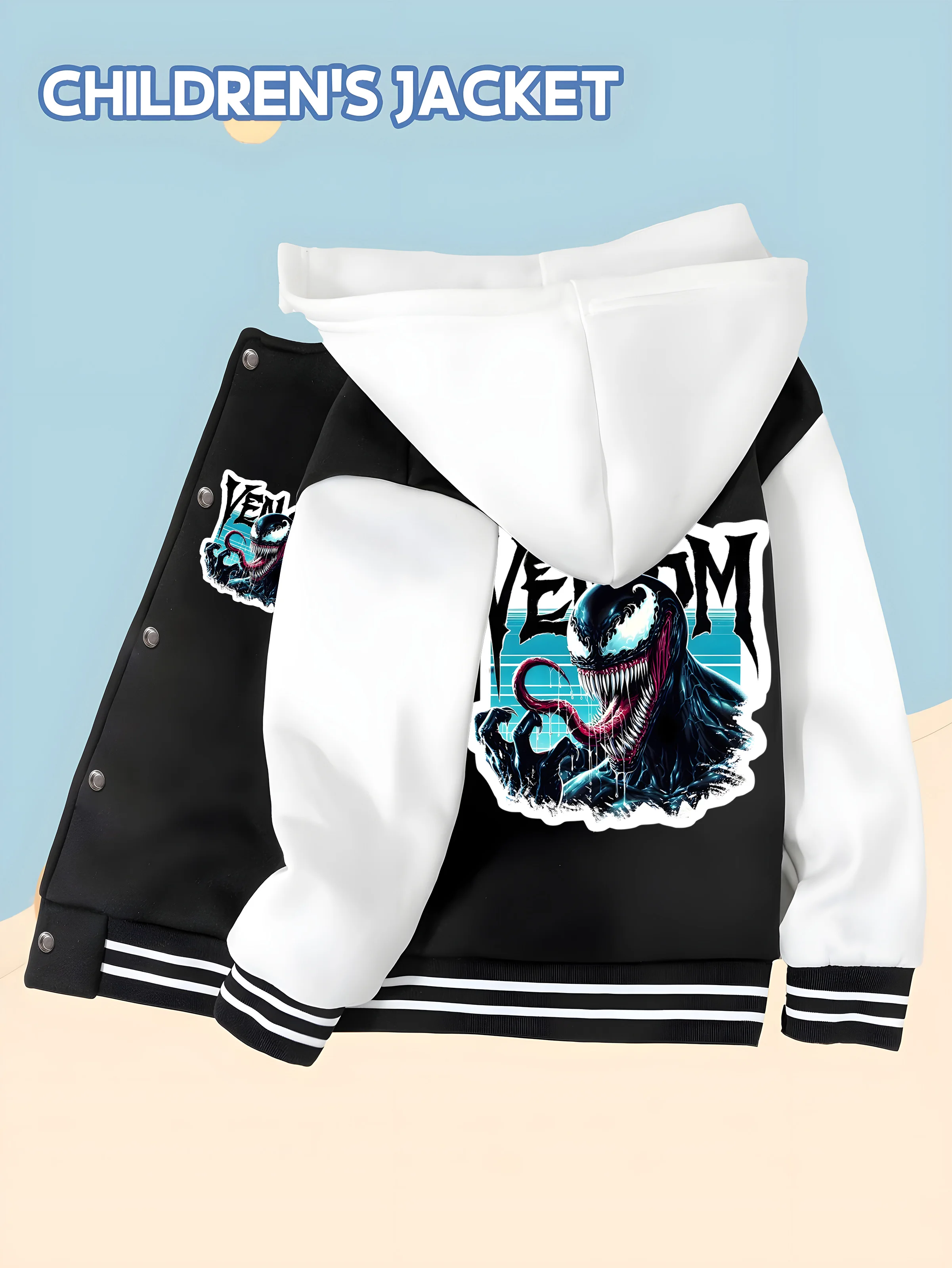 

MINISO Marvel Venom themed children's baseball jacket - red and black color, soft fabric, suitable for attending comic conventio