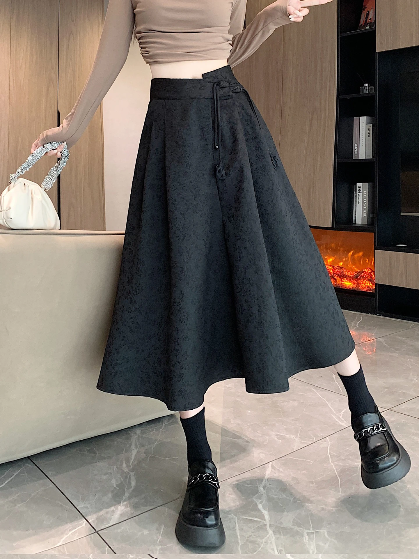 

Retro Chinese Sle f Skirt with Button Embelliment A-Line Bla High Waist Spring New Women's Faion Ele Long Skirt