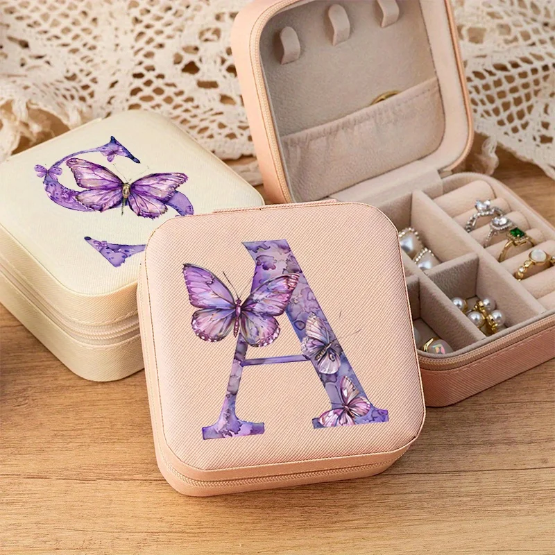 

26 English Letters Floral Jewelry Travel Case with Zipper Closure Women Jeweley Square Organizer Box Bridesmaids Wedding Gifts