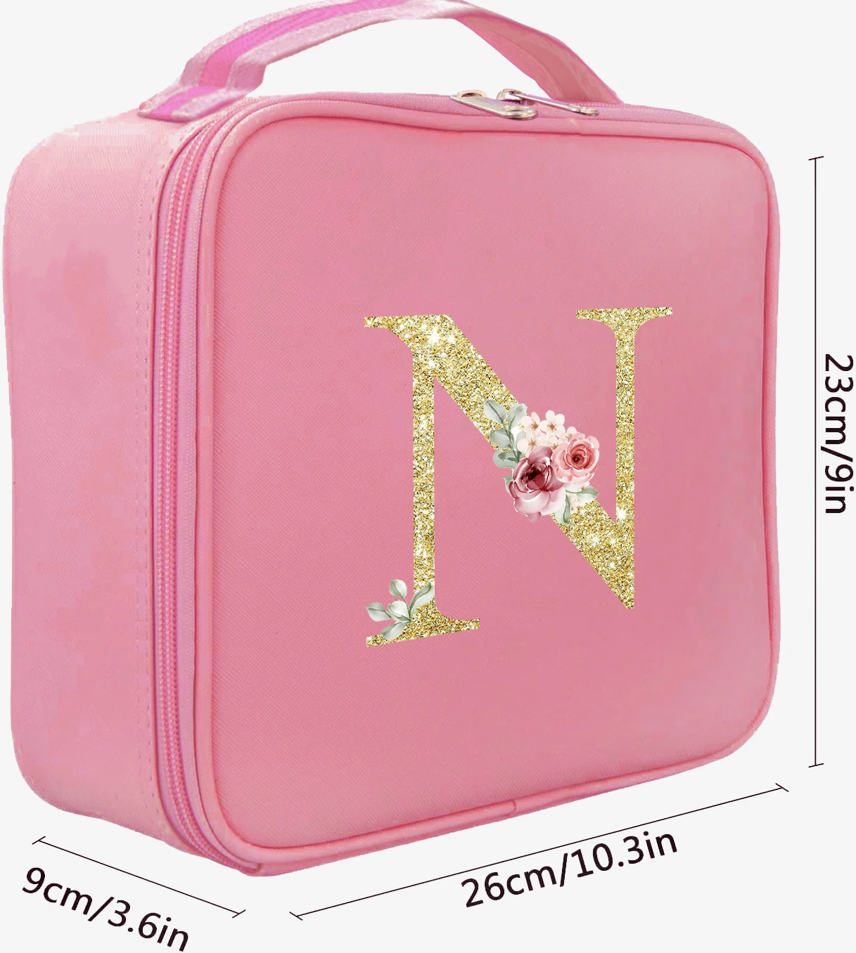 Bolsa de maquillaje portátil profesional grande con estampado de letras doradas y carcasa rosa con divisores ajustables, bolsa de maquillaje de viaje