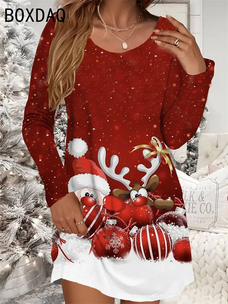 Red Christmas deer Print Women's Dress Casual Christmas Snowman Snowflake Print Mini Dress Long Sleeve O-neck Autumn Woman Dress