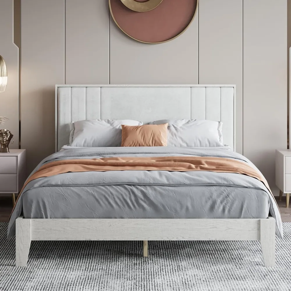 

Queen Size Bed Frame with Velvet Upholstered Headboard, Mid-Century Modern Platform Bed Frame with Wood Slats Support, No Box Sp