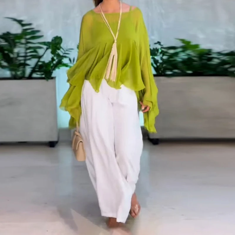 موضة بسيطة الصلبة 2 قطعة مجموعة المرأة أنيقة س الرقبة طويلة الأكمام كشكش بلوزة قمصان و بنطال ذو قصة أرجل واسعة الدعاوى خريف 2025