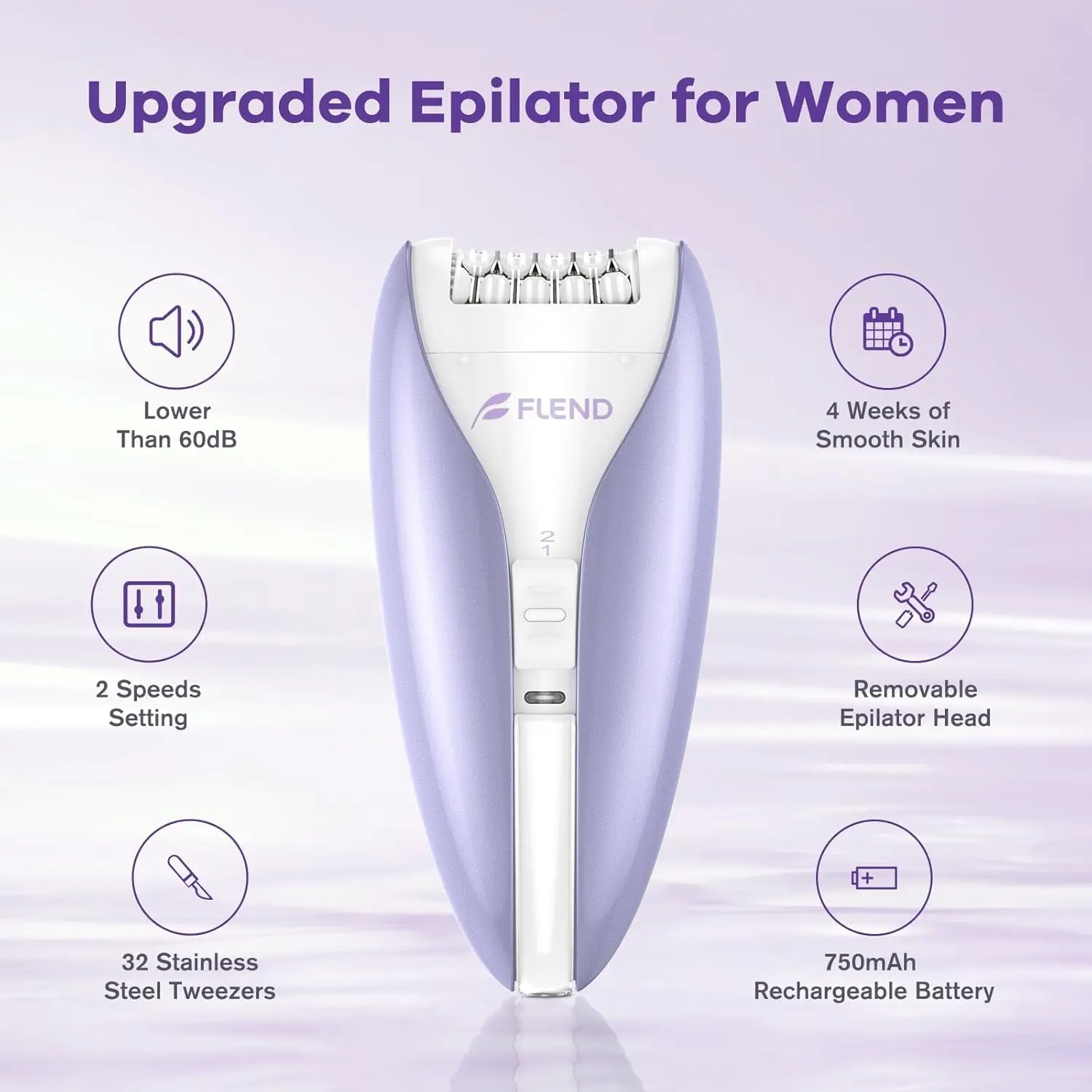 Silent Epilator for Women, 2-Speed Hair Remover with Smooth Glide Tech for Face, Legs, Bikini & Arms