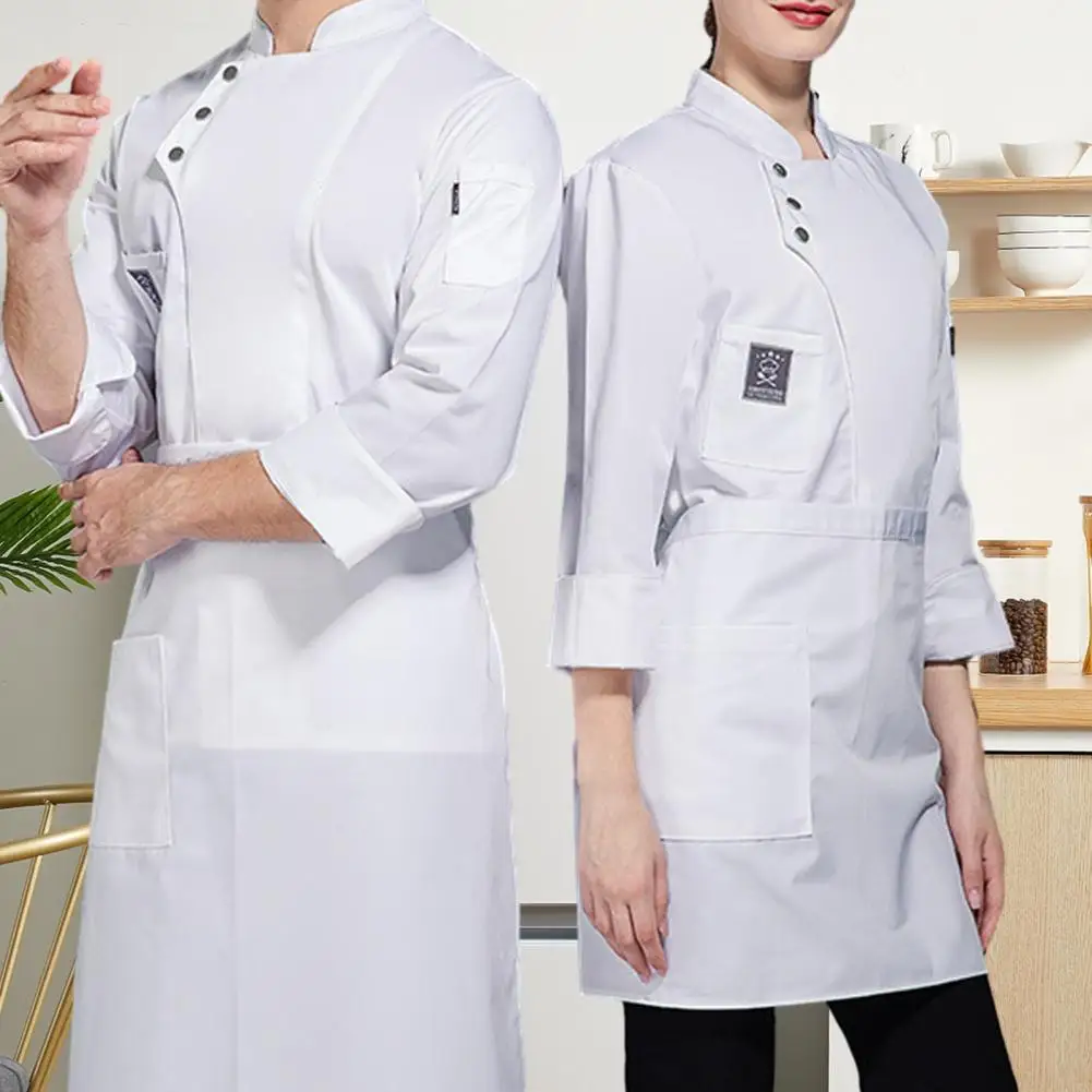 Long Sleeve Chef Shirt Waterproof Anti-dirty Chef Uniforms for Men Women Solid Color Stand Collar Single-breasted for Restaurant