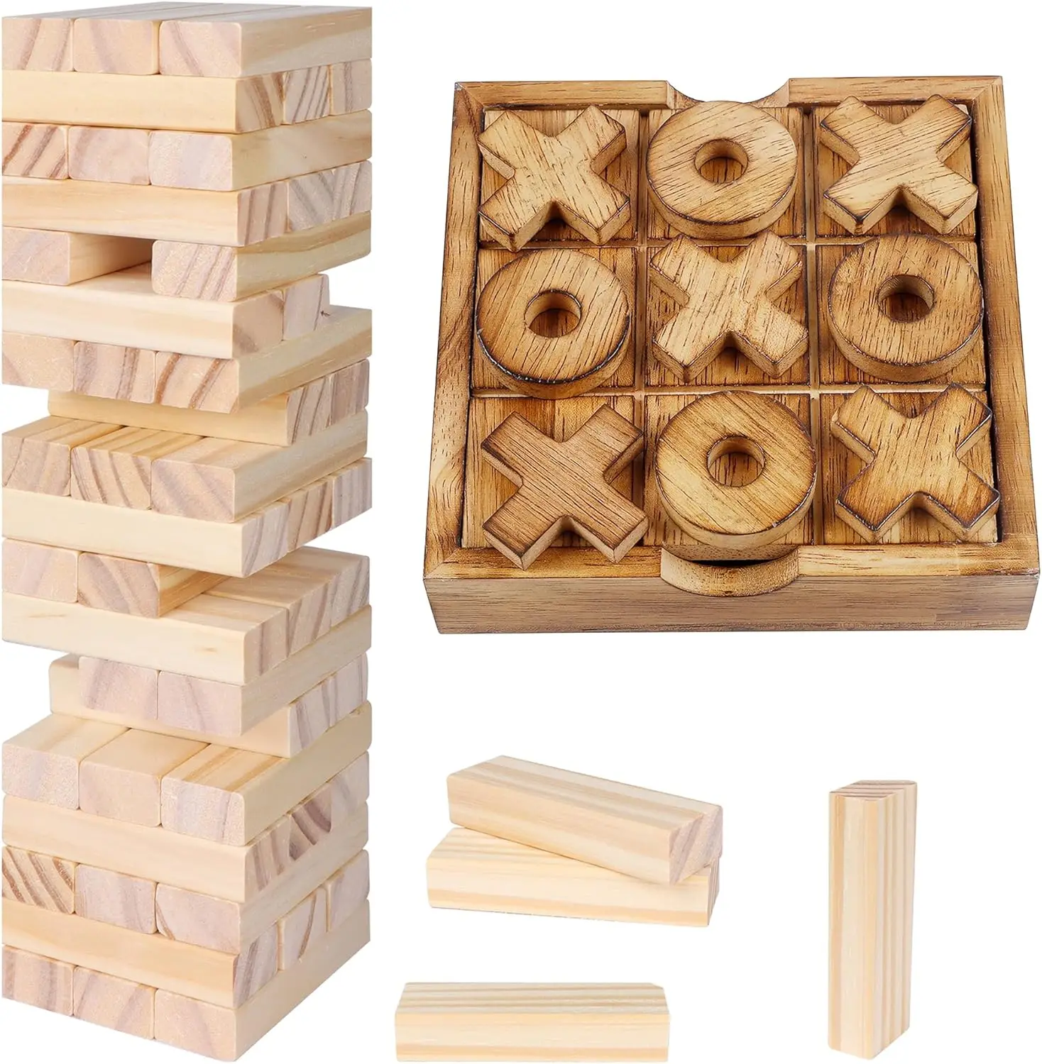 

Classic Wood Stacking & XOXO Board Game Set for Family Fun, Rustic Coffee Table Decor, Travel Strategy Games