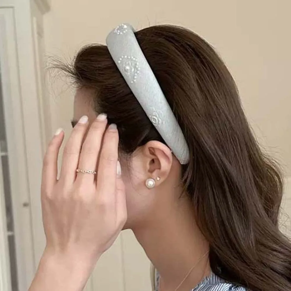 

Sweet Pearls Cloth Hair Hoop Rose Print Wide Side Beads Crystal Headband French Style Headpiece Beige Blue Hair Band Party
