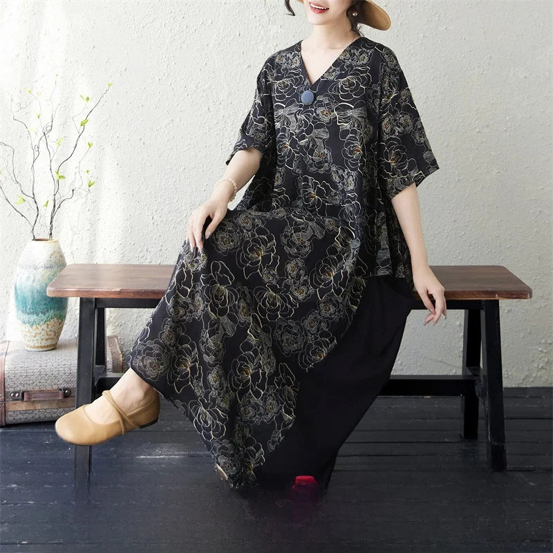

Casual Cotton Linen Print Patchwork Loose Fit Short Sleeve V-Neck Swing Dress Mom Style Summer Casual Wear for Ladies
