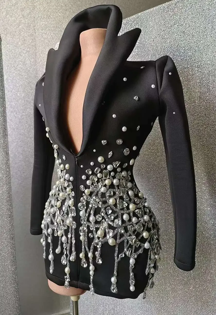 Black Rhinestone Slim Dress Pearl Stand Shoulder Suit Drag Queen Costume Singer Performance Wear Birthday Party Dress