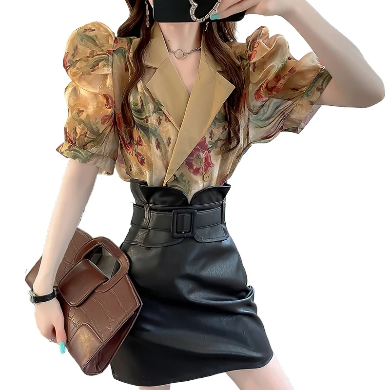 Short Puff Sleeve Flower Shirt Women\'s Design Sense Niche Vintage Printed Khaki Top High Sense Suit Collar Blouse Summer Blusas