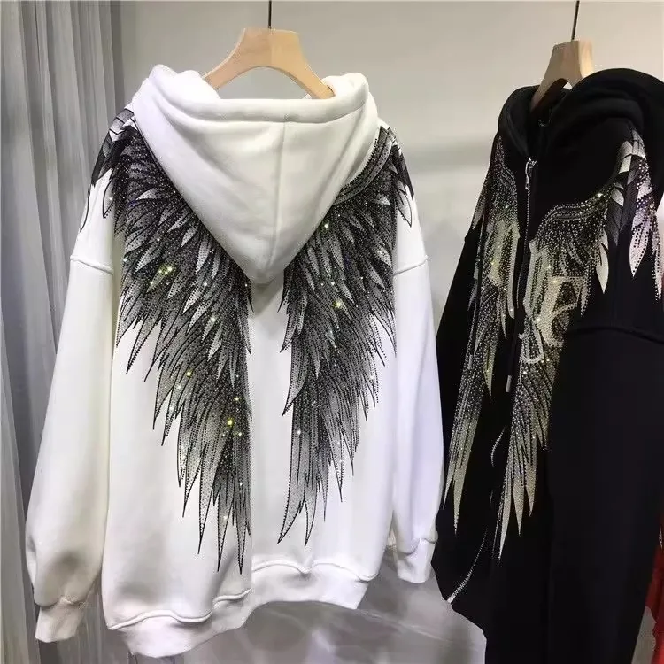 plus Size Heavy Duty Rhinestone Fleece Lined Long Sleeve Hoodie Women's Jacket Luxury Oversized Arm Wings Design Winter Coat