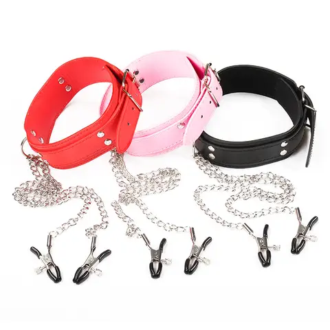 Collare girocollo in pelle sexy con morsetto per capezzoli Catena con clip per seno SM Bondage Coppia SM Giocattoli sessuali per donna Strumenti erotici Giochi per adulti