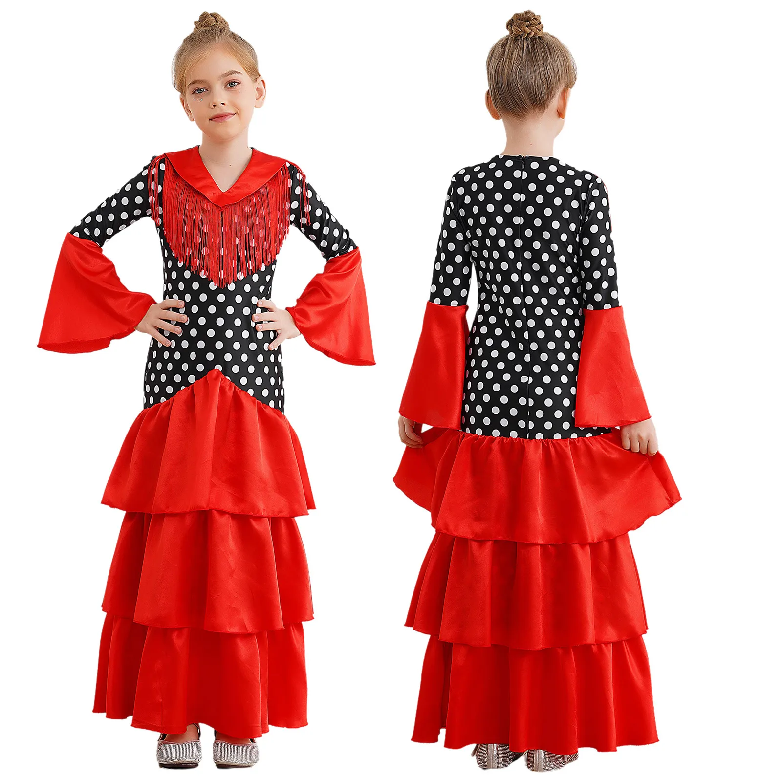 Meninas flamenco espanhol dança vestido de salão de baile touro latino dança palco desempenho traje manga queimada borla bolinhas vestidos