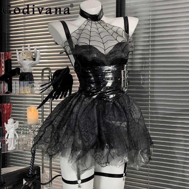 Little Devil Cosplay Sexy Backless Dress Girls Japanese Summer Dark Leather Dress Black Straps Hollow Dress for Women