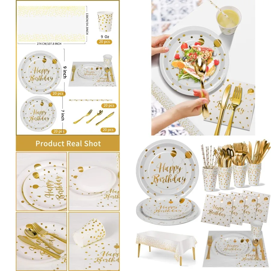 

Посуда для дня рождения, 161 шт., товары для вечеринок из белого золота для душа, помолвки, украшения для вечеринок, в комплект входят бумажные тарелки Na