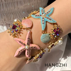 HANGZHI Blue Pink Drip Oil Starfish Shell Pearl Bracelet Anklet Fashion Summer Beach Vacation Marine Romantic Jewelry for Women