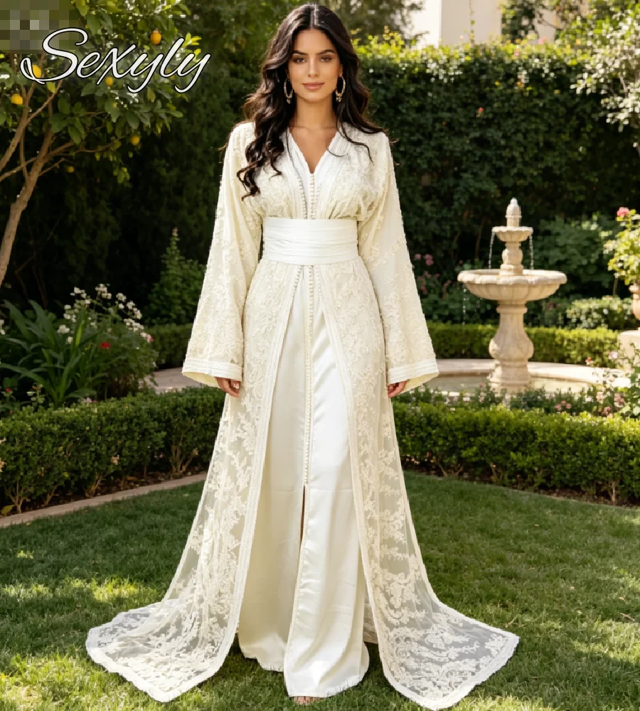 Islamisches Marokkanisches Muslimisches Hochzeitskleid 2026 Elegantes Langarm-Spitzen-Kaftan Brautkleid Naher Osten Takchita Marocain Mariage