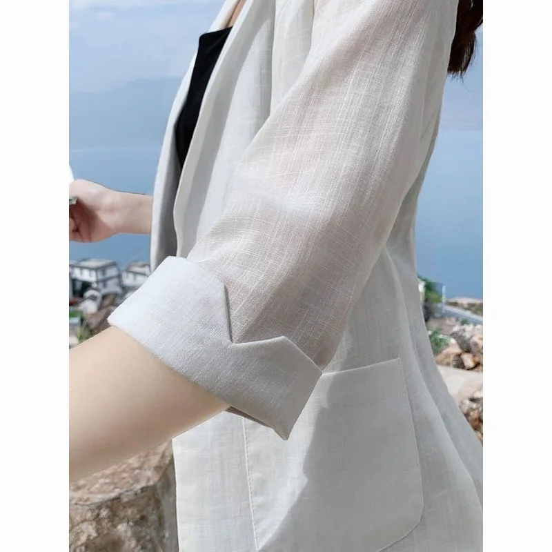 

Легкий льняной женский костюм весна-лето, новый костюм небольшого размера для среднего возраста, хлопково-льняной костюм семи четвертей Све - западный ...