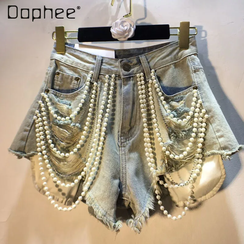 Summer New High-end Heavy Industry Beaded Pearl Chain Denim Shorts Fashion Personality High Waist Slim Ripped Jean Shorts Women