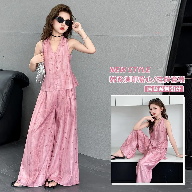 

teen Girl Love Printed clothes set Hanging Neck+Wide Leg Pants 2pc Summer Pink V-neck Sleeveless Top+trousers child suit outfist