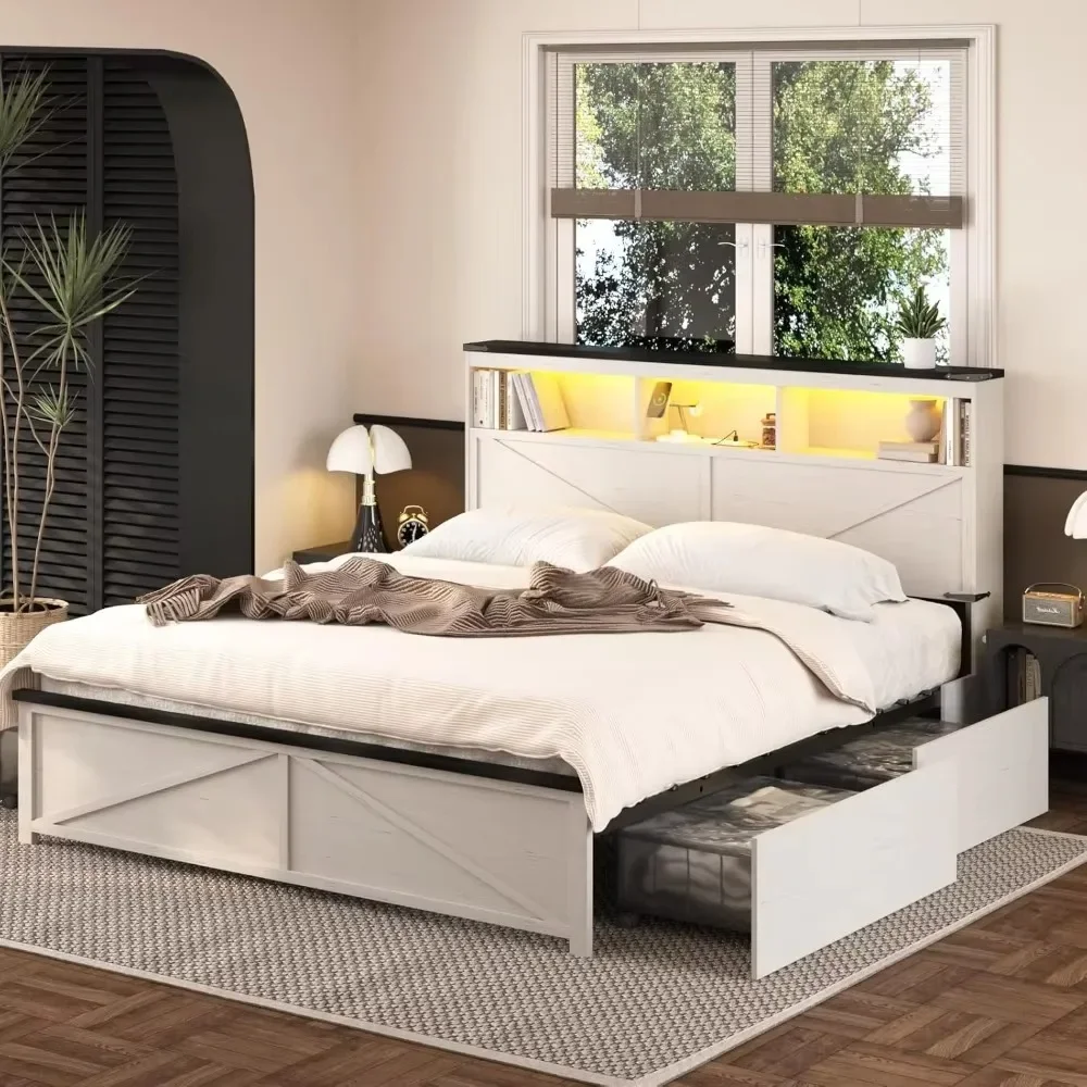 Queen Bed Frame with 3-Tier Storage Headboard, 4 Transparent Storage Drawers with Charging Station & LED Lights, Metal Bed Frame