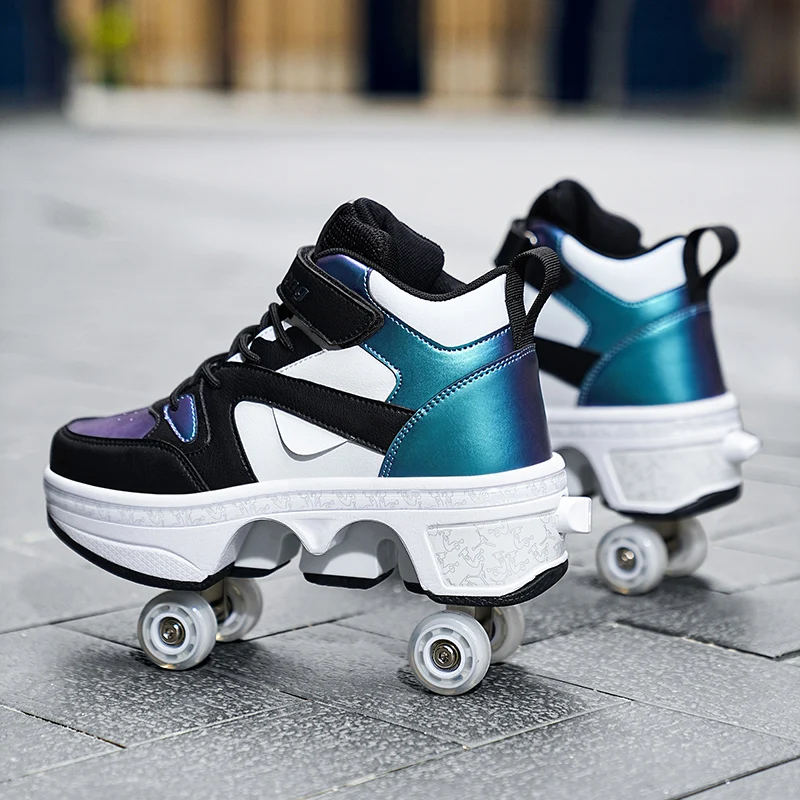 Quad Wheel Transformable Roller Skates Walking Shoes Adjustable Adult Kids Inline Skates for Street Park Square