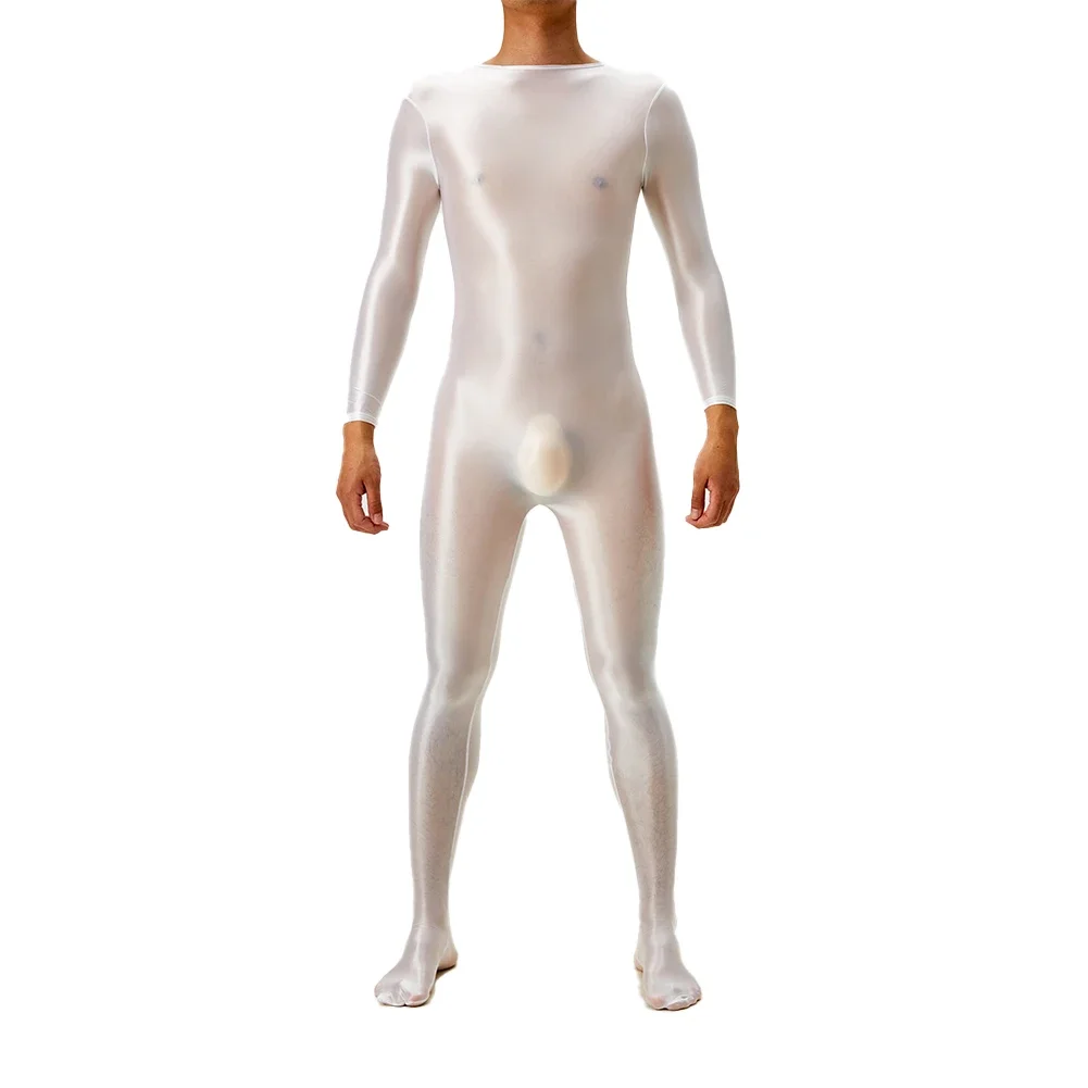 

Men Bodysuit Long Sleeve Oil Shiny Glossy Tights High Elastic Leotard Jumpsuit Gym Fitness Rash Guard Swimwear Jumpsuit