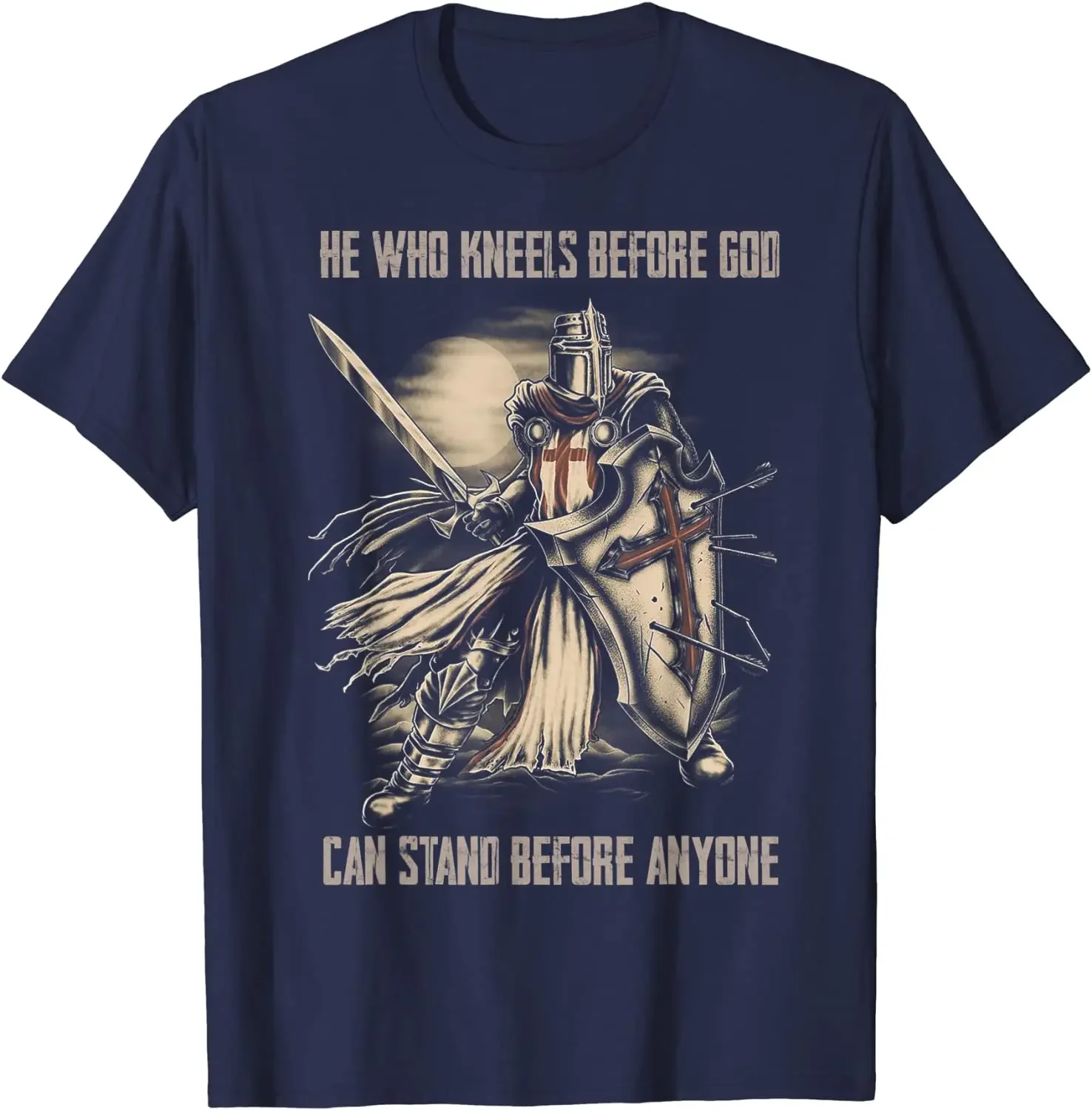 Premium Cotton Short Sleeve O-Neck Mens T Shirt He Who Kneels Before God Can Stand Before Anyone.  Christian T-Shirt.