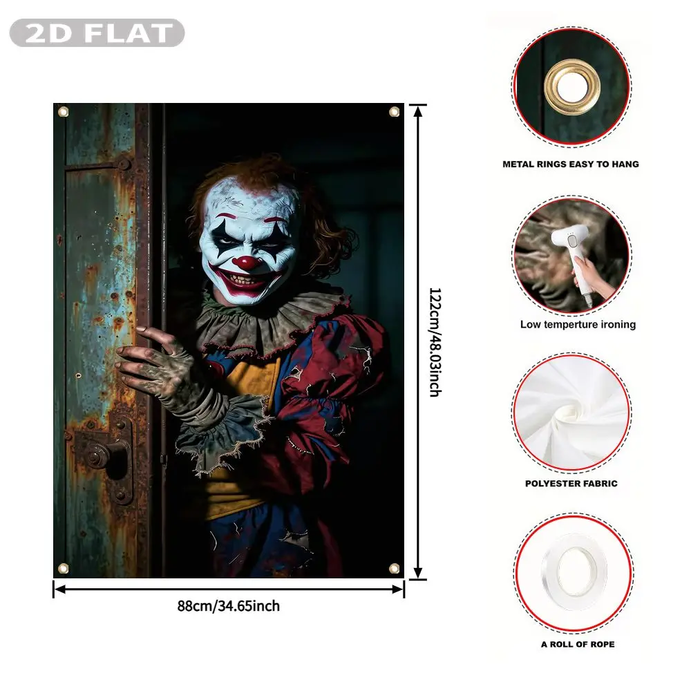 2D FLAT 1pc Party Window Cover Banner, with Scary Clown Face With Red Nose And Smile, No Power Need Home Decor