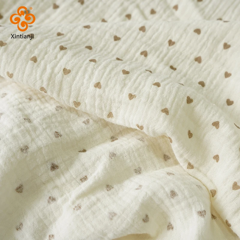 0.5m/1m/2m Soft Khaki Heart Print Double Crepe Gauze Fabric 100% Cotton Fabric DIY Sewing Clothing Baby Breathable Texture