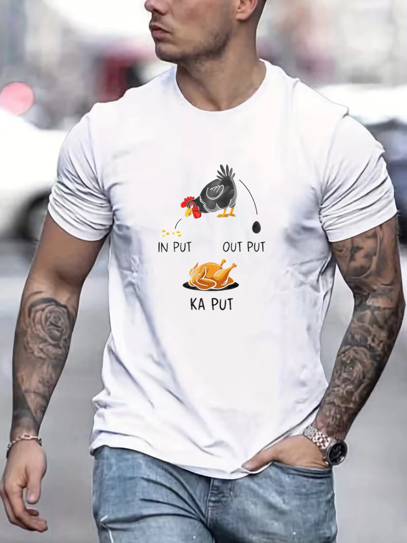 Men Funny Chicken Input Output Cotton T Shirt Crew Neck Humor Food Print Male Summer Short Sleeve Casual Streetwear Tops